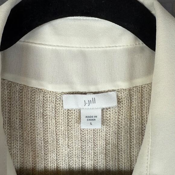 J Jill Contrast Collar Long Sleeve V Neck Knit Beige Oat Sweater Women's L - Picture 3 of 5